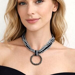 Coldwater Creek Multi Strand Beaded Y2K Necklace Antiqued Torsade Gray Black Vtg